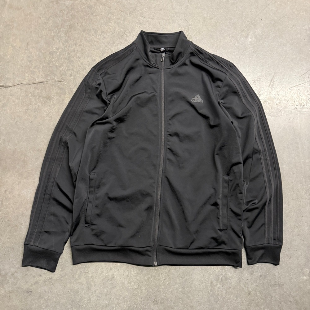 Adidas Mens XL Triple Black Full Zip Track Jacket Three Stripe Athletic Coat